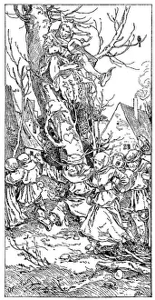 Seducing: Jester sitting in tree and striking up for a dance