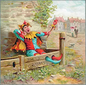 Jester in the stocks on a Christmas card