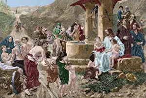 Blessing: Jesus blessing the children. Engraving. Colored