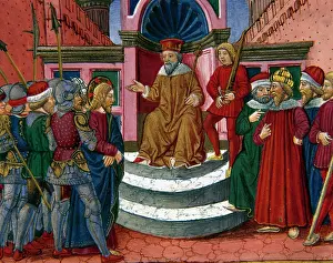 Lancers: Jesus is brought before Herod. Codex of Predis (1476). Italy