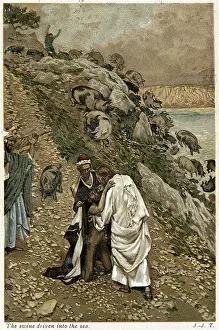 Plunge: Jesus casting devils out of kneeling man, and