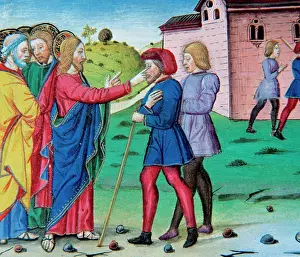 Blindness: Jesus healing two blind. Codex of Predis (1476). Italy