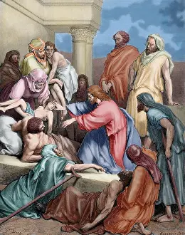 Chapter: Jesus healing the sick. Engraving. Colored