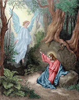 Kneel: Jesus on the Mount of Olives. Engraving. Colored