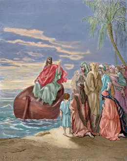 Chapter: Jesus preaching in the Sea of Galilee. Engraving. Colored
