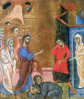 Lazarus: Jesus raising Lazarus after four days. Martha