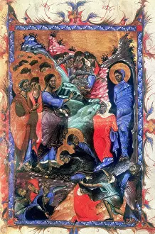 Suspended: Jesus raising Lazarus after four days. Martha