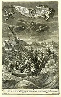 Asleep: Jesus sleeping awakened and calms the storm