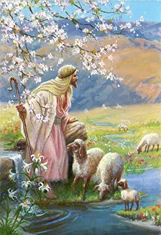 Syers: Jesus by a stream with sheep and lambs