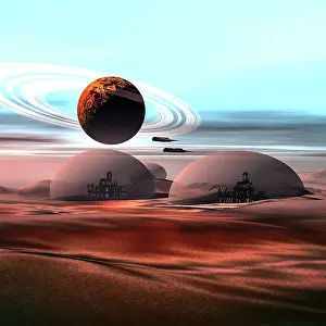 Saturn: Two jet aircraft fly over dome structures on Mars