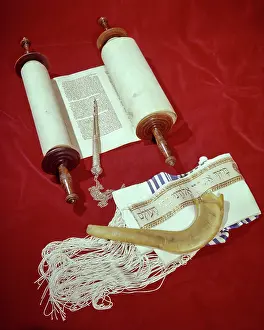 Tallit: Jewish Open Torah Scroll with Silver YAD Pointing to