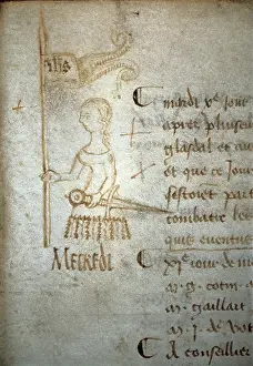 Writter: Joan of Arc holding a sword and a banner. Sketch