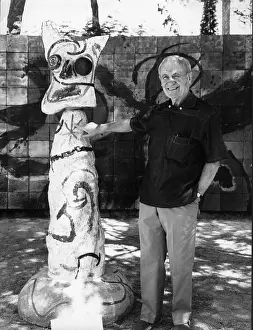 Vence: Joan Miro with his sculpture, The Goddess of the Sea
