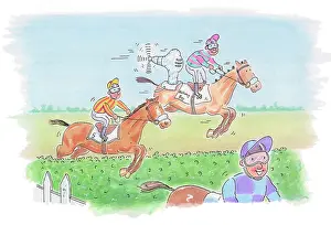 Higham: Three jockeys riding on jumping over a hedge