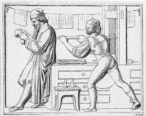 Printer: Johann Gutenberg (c1400-1468) reading proofs while