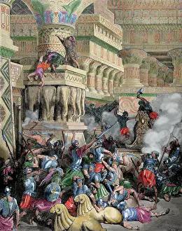 Dore: Jonathan Destroys the Temple of Dago. Colored engraving