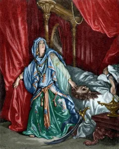 Assassinated: Judith after behead the Assyrian general Holofernes. Engravi