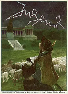 Jugend front cover, young boy with sheep and lightning