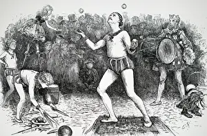 Acrobats: Juggler and acrobats entertaining a crowd in the street