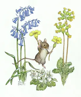 Cowslips: Jumping mouse holding primroses, with bluebells
