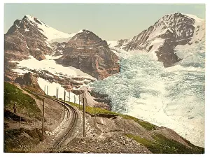 Eiger: Jungfrau, railroad, Eiger and Monch, with Eiger Glacier, Ber