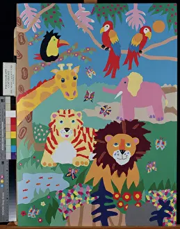 Naive: Jungle Design with parrots, giraffe, lion, tiger etc