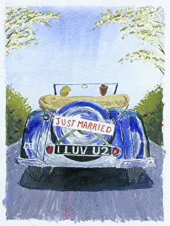 Alsop: Just Married card with Blue Wedding Car