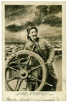 Helmsman: Kaiser figure steering ship in rough seas