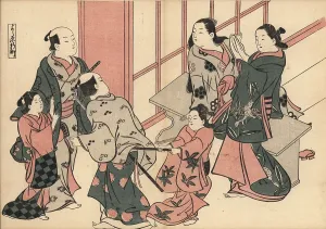 Okumura: Two kamuro maids try to drag two samurai to