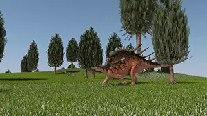 Thagomizer: Kentrosaurus and a Coelophysis walking across an open field