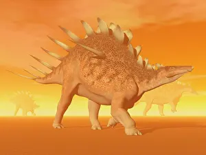 Haze: Three Kentrosaurus dinosaurs in the desert with hazy sunset
