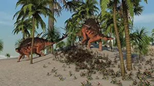 Thagomizer: Two Kentrosaurus dinosaurs walking in a tropical environment