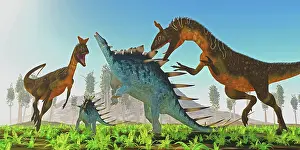 Cryolophosaurus: A Kentrosaurus rears up to defend her offspring from ?