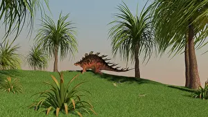 Thagomizer: Kentrosaurus walking across an open field