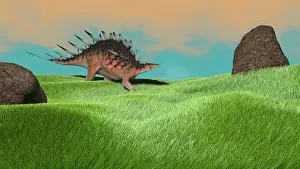 Stegosaurid: Kentrosaurus walking across prehistoric grasslands