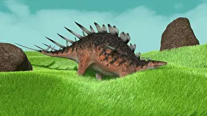 Thagomizer: Kentrosaurus walking across prehistoric grasslands