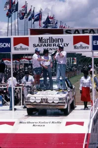 Marlboro: Kenyan rally driver, Ian Duncan, celebrating at