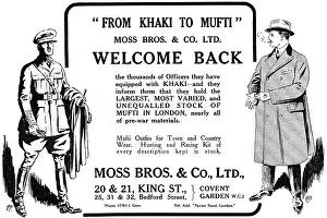 Mufti: From Khaki to Mufti, Moss Bros advertisement, 1918