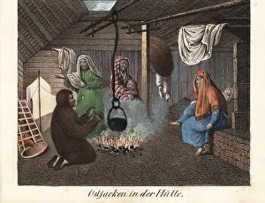 Khanty: Khanty or Ostyak hut interior with man in a