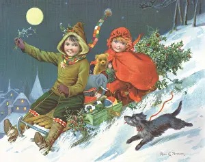 Sledding: Kids on Sled at Night