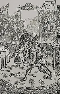 Legends: King Arthur fighting the giant, protected by the