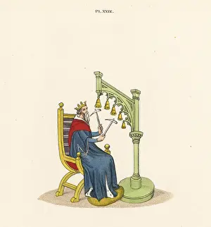 Handbells: King David playing handbells from a 14th century manuscript