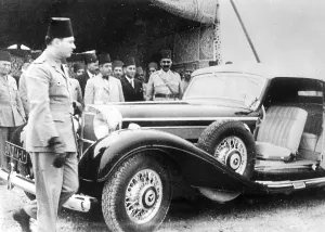 Cabriolet: King Farouk of Egypt with a Mercedes which he received as a