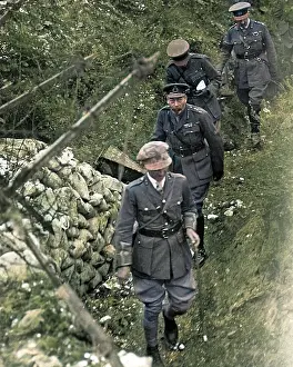 Sandbags: King George V touring battlefield, Western Front, WW1