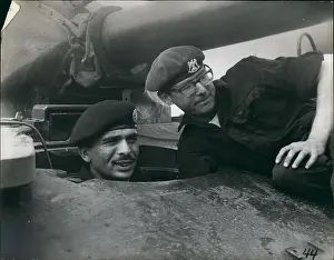Armys: King Hussein of Jordan drives tank, Bovington Camp, UK