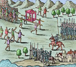 Spears: The King of Michoacan visit to Hernan Cortes. Colored engrav