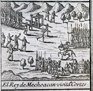 Spears: The King of Michoacan visit to Hernan Cortes. Engraving