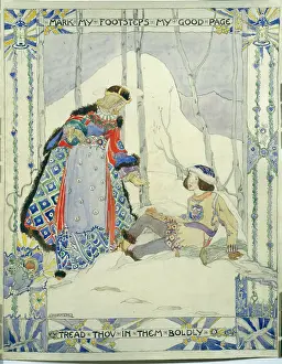 Footsteps: King and page boy walking in the snow