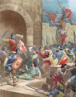 Conqueror: King Wamba (d.687) at the siege of Nimes (673). Colored engr