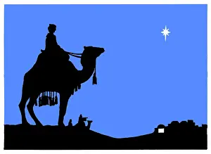 Two Colour: Kings on camels looking down to Bethlehem